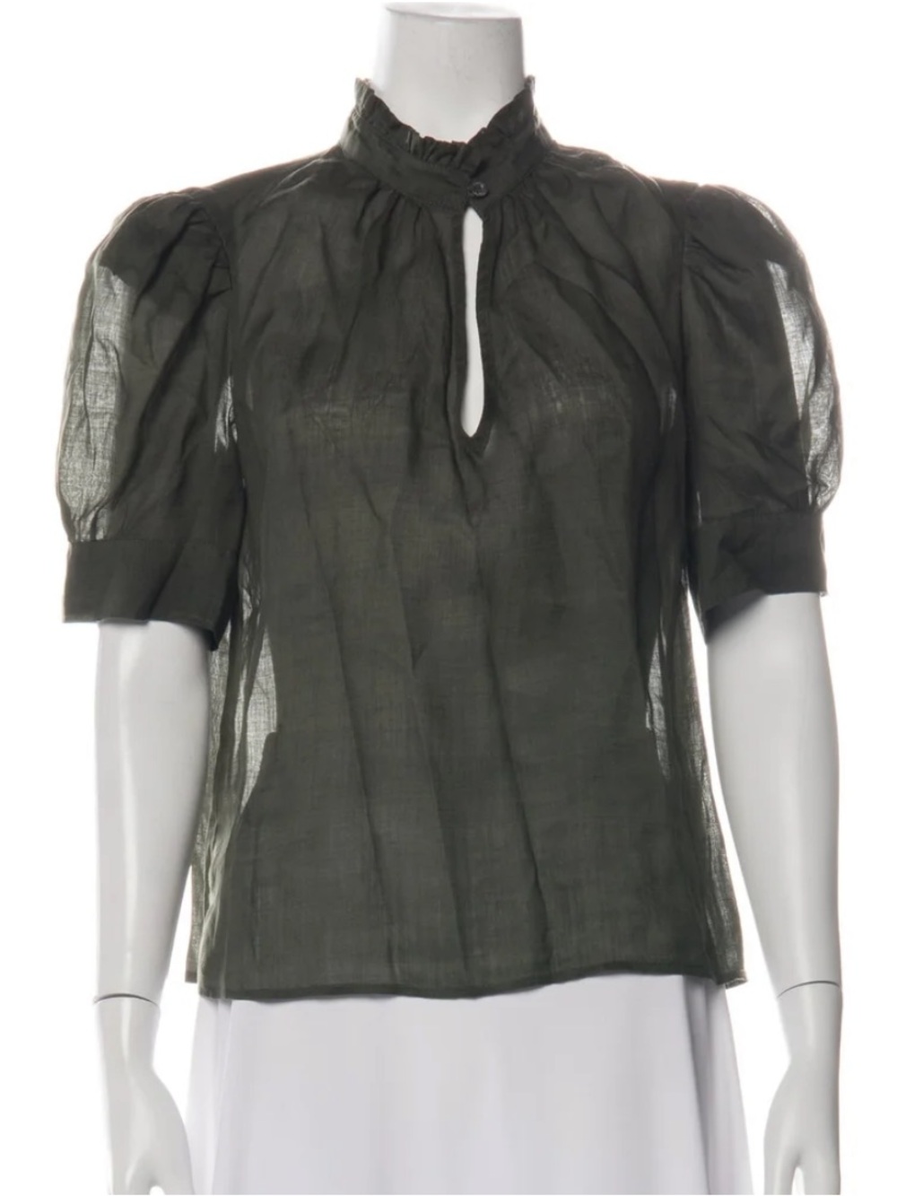 Frame Denim Olive Sheer Puff-Sleeve Blouse